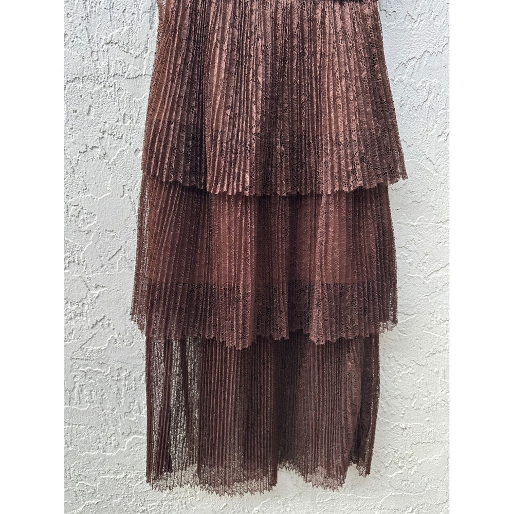 Self-Portrait Brown Lace‎ Tiered Midi Dress Ruched Ruffle Sleeveless US 4 - Picture 4 of 10